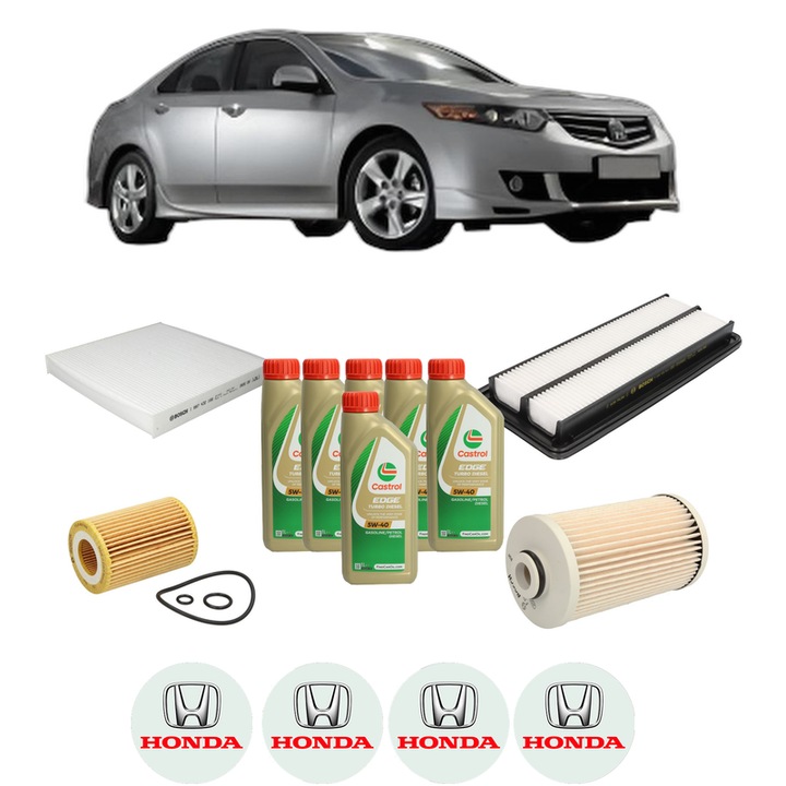 Pachet filtre revizie Bosch, 6 litrii ulei Castrol 5W40 HONDA ACCORD VIII (CU) 2.2 i-DTEC (CU3) din 2008-2015, 4x Stickere auto cu HONDA