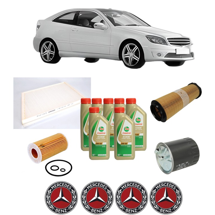 Pachet filtre revizie Bosch, 7 litrii ulei Castrol 5W40 MERCEDES-BENZ CLC-CLASS (CL203) CLC 220 CDI (203.708) din 2008-2011, 4x Stickere auto cu MERCEDES-BENZ