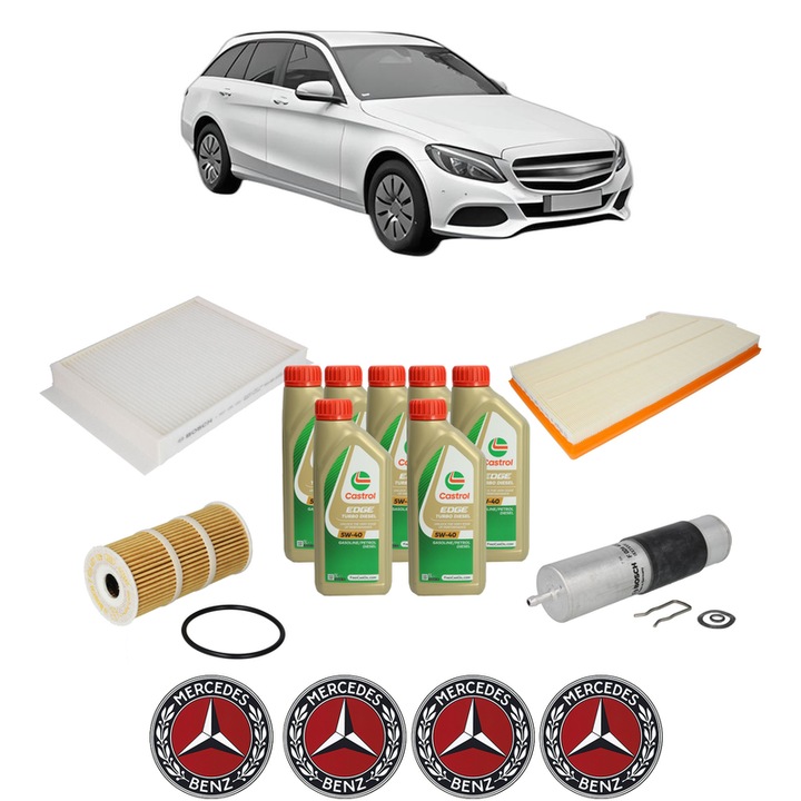 Pachet filtre revizie Bosch, 7 litrii ulei Castrol 5W40 MERCEDES-BENZ C-CLASS T-Model (S205) C 200 BlueTEC / d (205.237) din 2014-2018, 4x Stickere auto cu MERCEDES-BENZ