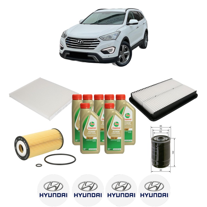 Pachet filtre revizie Bosch, 7 litrii ulei Castrol 5W40 HYUNDAI GRAND SANTA FÉ 2.2 CRDi All-wheel Drive din 2013-2018, 4x Stickere auto cu HYUNDAI