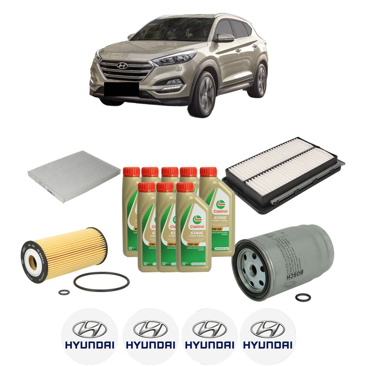 Pachet filtre revizie Bosch, 8 litrii ulei Castrol 5W40 HYUNDAI TUCSON (TL, TLE) 2.0 CRDi din 2015-2020, 4x Stickere auto cu HYUNDAI