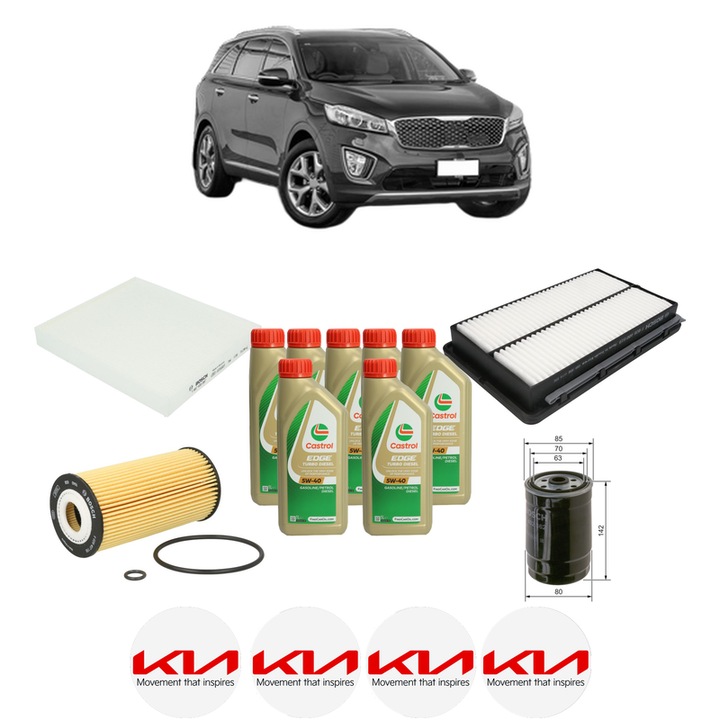 Pachet filtre revizie Bosch, 7 litrii ulei Castrol 5W40 KIA SORENTO III (UM) 2.2 CRDi din 2015-2020, 4x Stickere auto cu KIA