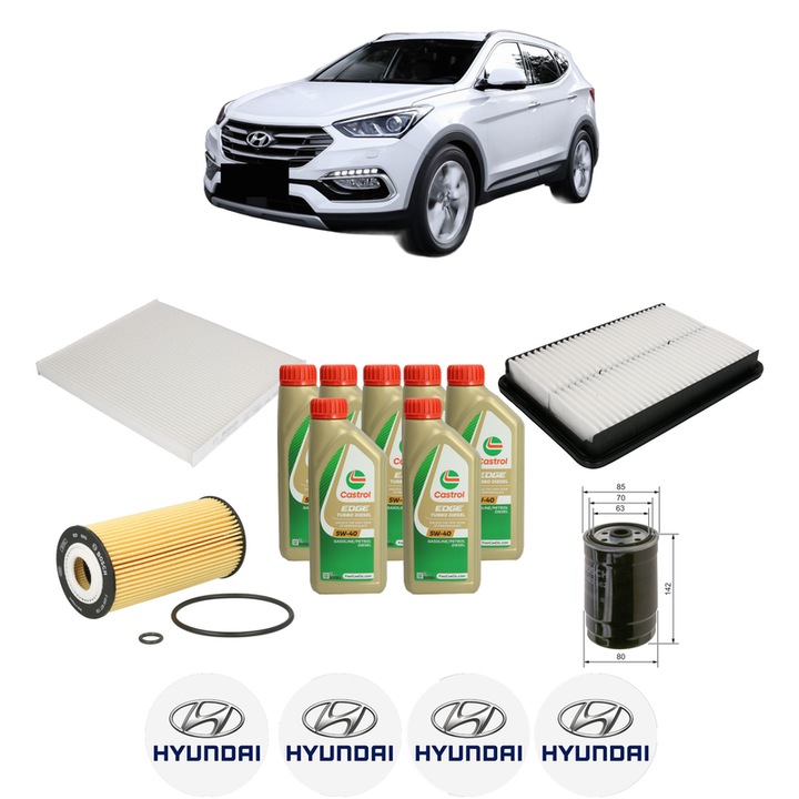 Pachet filtre revizie Bosch, 7 litrii ulei Castrol 5W40 HYUNDAI SANTA FÉ III SUV Van (DM) CRDi 4x4 din 2015-2018, 4x Stickere auto cu HYUNDAI