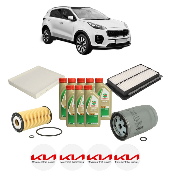 Pachet filtre revizie Bosch, 8 litrii ulei Castrol 5W40 KIA SPORTAGE IV (QL, QLE) 2.0 CRDi din 2015-2022, 4x Stickere auto cu KIA