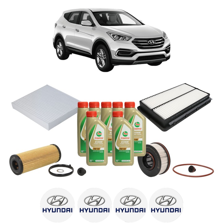 Pachet filtre revizie Bosch, 7 litrii ulei Castrol 5W40 HYUNDAI SANTA FE IV (TM, TMA) 2.2 CRDi AWD din 2018-2020, 4x Stickere auto cu HYUNDAI
