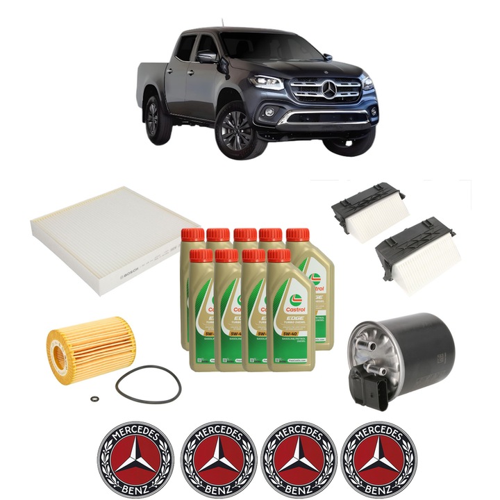 Pachet filtre revizie Bosch, 9 litrii ulei Castrol 5W40 MERCEDES-BENZ X-CLASS (470) X 350 d 4-matic (470.252) din 2018-2020, 4x Stickere auto cu MERCEDES-BENZ