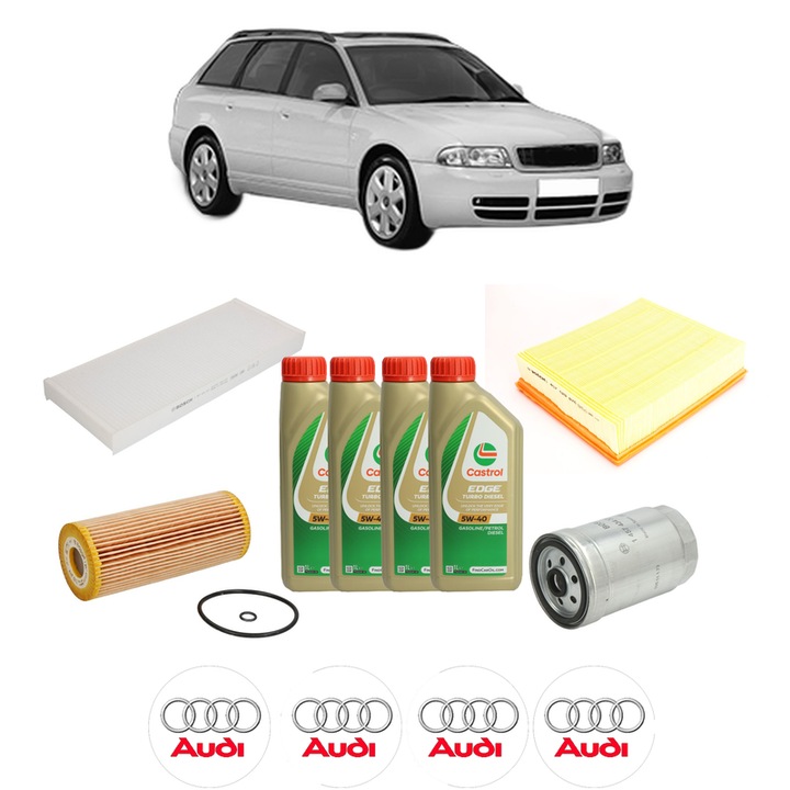 Pachet filtre revizie Bosch, 4 litrii ulei Castrol 5W40 AUDI A4 B5 Avant (8D5) 1.9 TDI quattro din 2000-2001, 4x Stickere auto cu AUDI