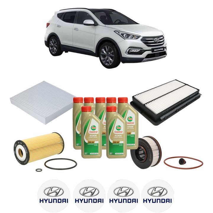 Pachet filtre revizie Bosch, 7 litrii ulei Castrol 5W40 HYUNDAI SANTA FE IV SUV Van (TM) 2.2 CRDi din 2018-2020, 4x Stickere auto cu HYUNDAI