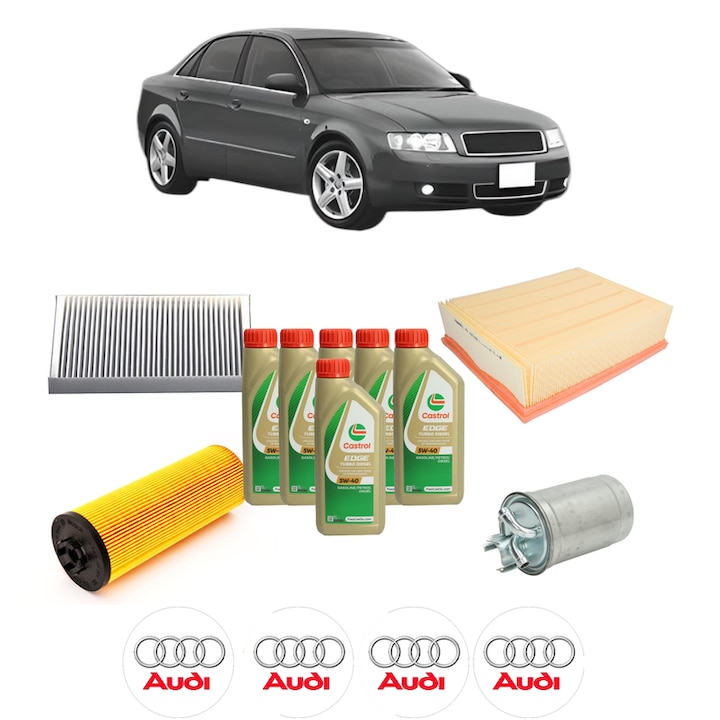 Pachet filtre revizie Bosch, 6 litri ulei Castrol 5W40 AUDI A4 B6 (8E2) 2.5 TDI quattro din 2000-2004, 4x Stickere auto cu AUDI