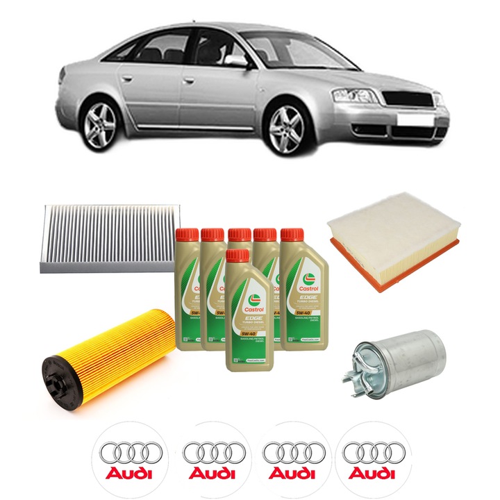 Pachet filtre revizie Bosch, 6 litrii ulei Castrol 5W40 AUDI A6 C5 (4B2, 4B4) 2.5 TDI din 2002-2005, 4x Stickere auto cu AUDI
