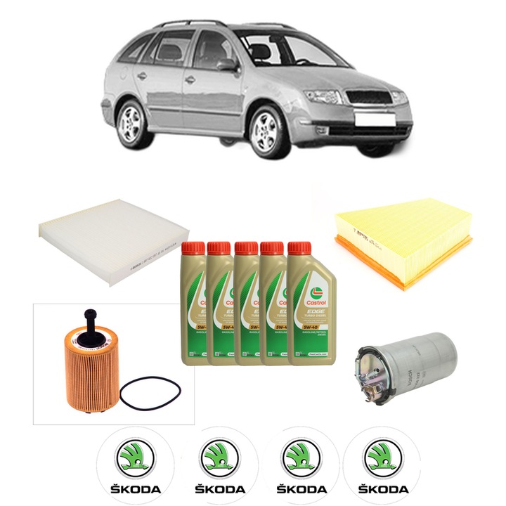 Pachet filtre revizie Bosch, 5 litrii ulei Castrol 5W40 SKODA FABIA I Combi (6Y5) 1.9 SDI din 2000-2007, 4x Stickere auto cu SKODA