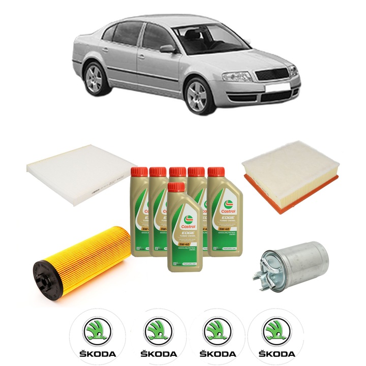 Pachet filtre revizie Bosch, 6 litrii ulei Castrol 5W40 SKODA SUPERB I (3U4) 2.5 TDI din 2003-2008, 4x Stickere auto cu SKODA