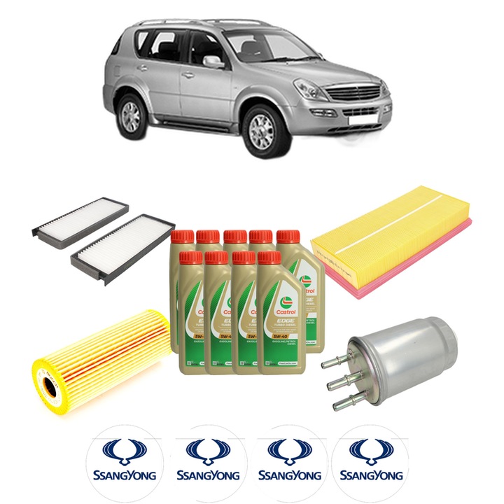 Pachet filtre revizie Bosch, 9 litrii ulei Castrol 5W40 SSANGYONG REXTON / REXTON II (GAB_) 2.7 Xdi din 2004, 4x Stickere auto cu SSANGYONG