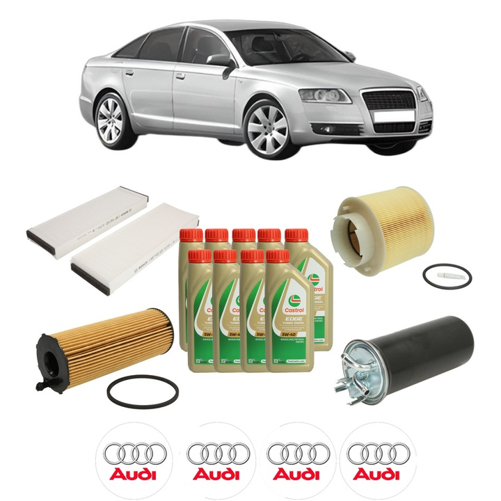 Pachet filtre revizie Bosch, 9 litrii ulei Castrol 5W40 AUDI A6 C6 (4F2) 2.7 TDI quattro din 2005-2011, 4x Stickere auto cu AUDI