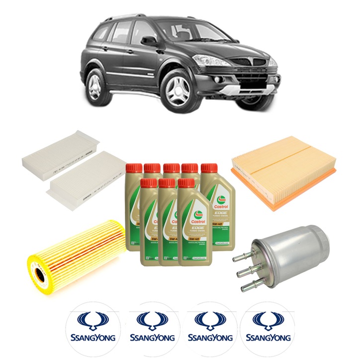 Pachet filtre revizie Bosch, 8 litrii ulei Castrol 5W40 SSANGYONG ACTYON I 200 Xdi 4WD din 2006, 4x Stickere auto cu SSANGYONG