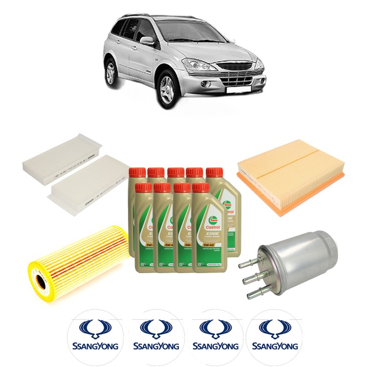 Pachet filtre revizie Bosch, 9 litrii ulei Castrol 5W40 SSANGYONG KYRON 2.7 Xdi 4x4 din 2005-2014, 4x Stickere auto cu SSANGYONG