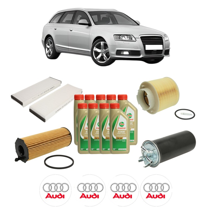 Pachet filtre revizie Bosch, 9 litrii ulei Castrol 5W40 AUDI A6 Allroad C6 (4FH) 2.7 TDI quattro din 2006-2008, 4x Stickere auto cu AUDI