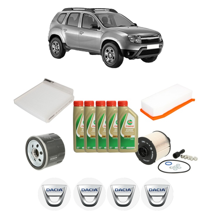 Pachet filtre revizie Bosch, 5 litrii ulei Castrol 5W40 DACIA DUSTER (HS_) 1.5 dCi (HSMD, HSM3) din 2013-2018, 4x Stickere auto cu DACIA
