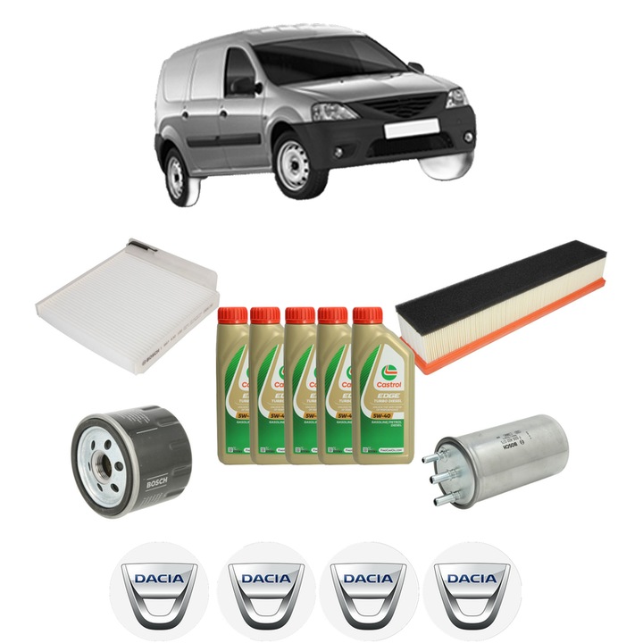 Pachet filtre revizie Bosch, 5 litrii ulei Castrol 5W40 DACIA LOGAN EXPRESS (FS_) 1.5 dCi (FS0K) din 2009, 4x Stickere auto cu DACIA