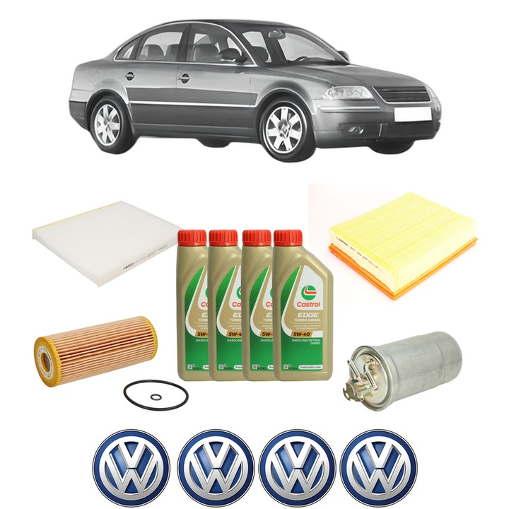 Pachet filtre revizie Bosch, 4 litrii ulei Castrol 5W40 Volkswagen PASSAT B5.5 (3B3) 1.9 TDI 4motion din 2000-2005, 4x Stickere auto cu Volkswagen