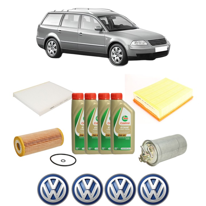 Pachet filtre revizie Bosch, 4 litrii ulei Castrol 5W40 Volkswagen PASSAT B5.5 Variant (3B6) 1.9 TDI 4motion din 2000-2005, 4x Stickere auto cu Volkswagen