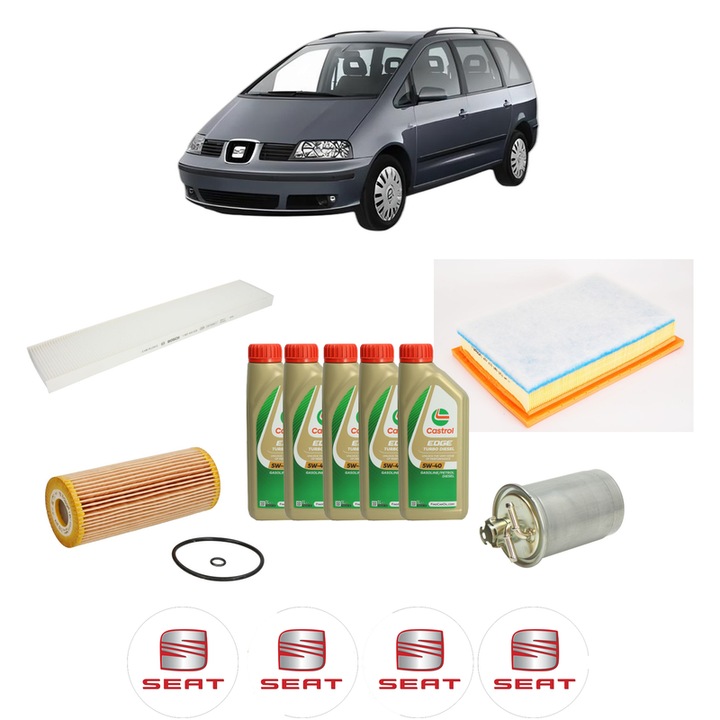 Pachet filtre revizie Bosch, 5 litrii ulei Castrol 5W40 SEAT ALHAMBRA VAN (7V8, 7V9) TDI din 2000-2010, 4x Stickere auto cu SEAT