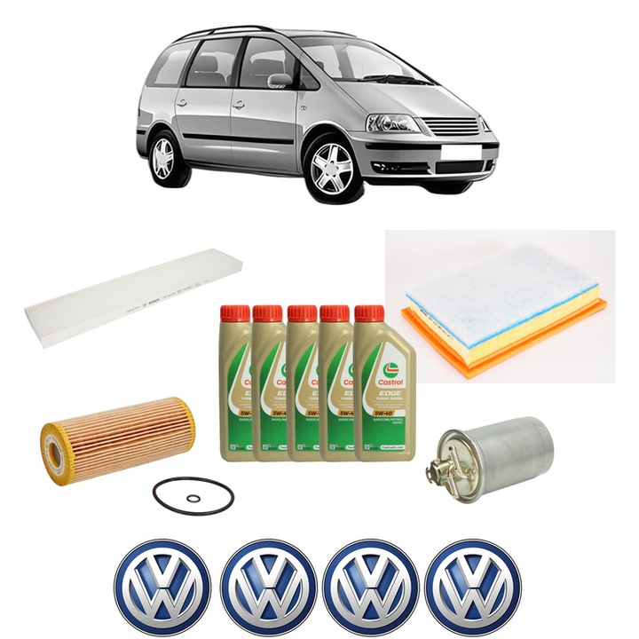 Pachet filtre revizie Bosch, 5 litrii ulei Castrol 5W40 Volkswagen SHARAN (7M8, 7M9, 7M6) 1.9 TDI 4motion din 2000-2010, 4x Stickere auto cu Volkswagen