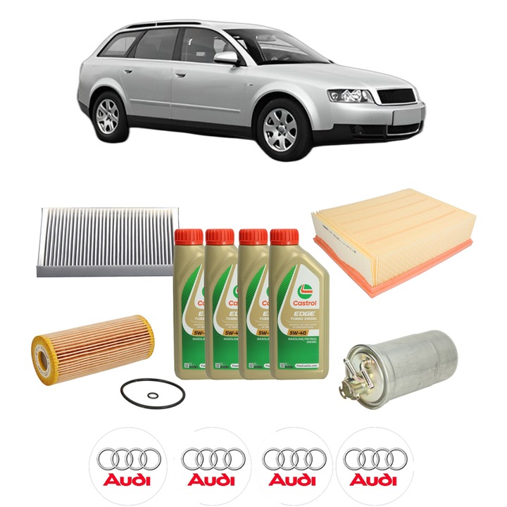 Pachet filtre revizie Bosch, 4 litrii ulei Castrol 5W40 AUDI A4 B6 Avant (8E5) 1.9 TDI quattro din 2001-2004, 4x Stickere auto cu AUDI