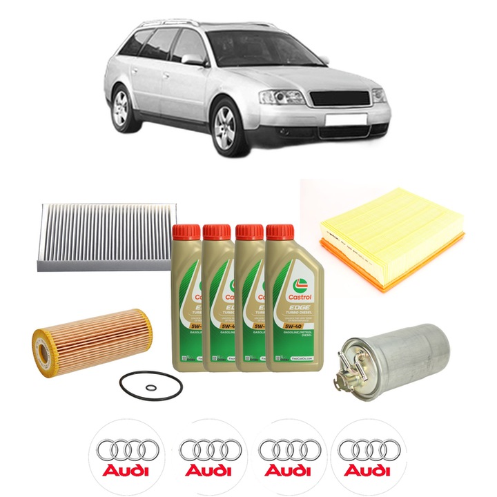 Pachet filtre revizie Bosch, 4 litrii ulei Castrol 5W40 AUDI A6 C5 Avant (4B5, 4B6) 1.9 TDI din 2001-2005, 4x Stickere auto cu AUDI