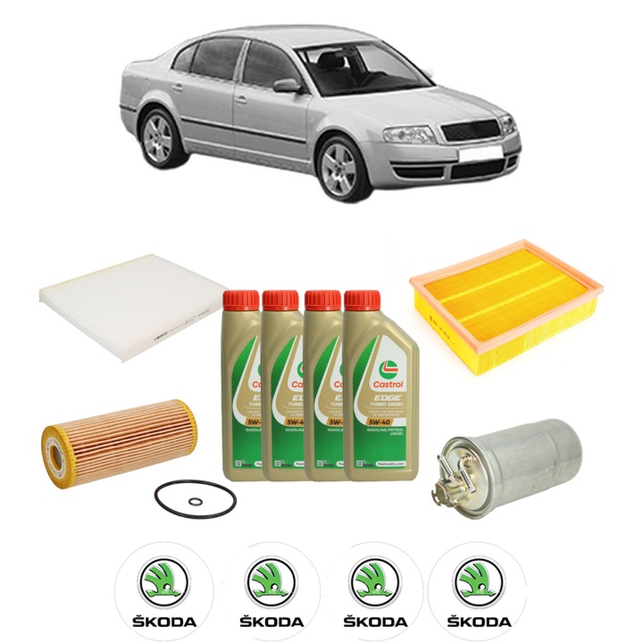 Pachet filtre revizie Bosch, 4 litrii ulei Castrol 5W40 SKODA SUPERB I (3U4) 1.9 TDI din 2001-2008, 4x Stickere auto cu SKODA