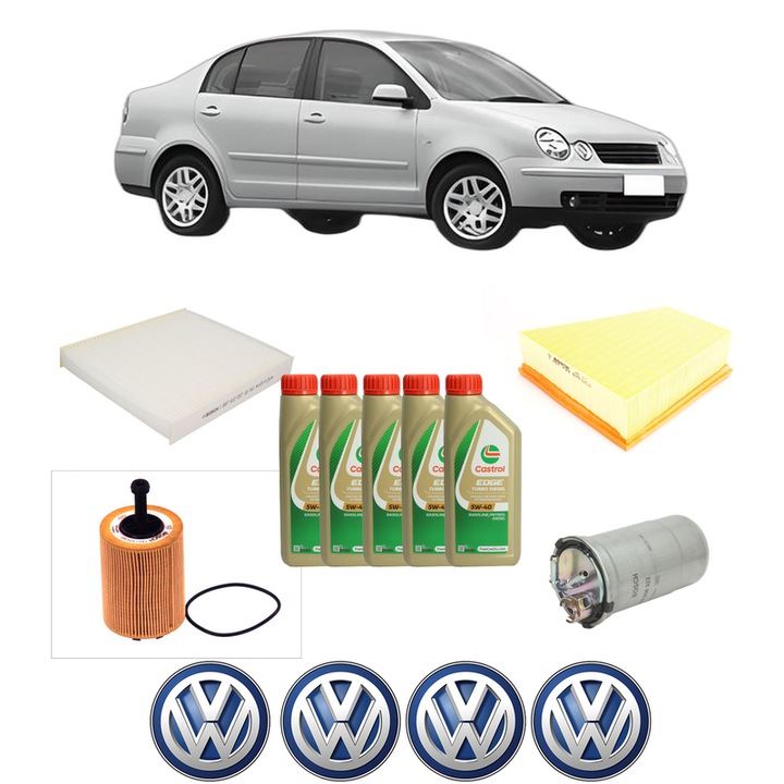 Pachet filtre revizie Bosch, 5 litrii ulei Castrol 5W40 Volkswagen POLO IV Saloon (9A4, 9A2, 9N2, 9A6) 1.9 TDi din 2002, 4x Stickere auto cu Volkswagen