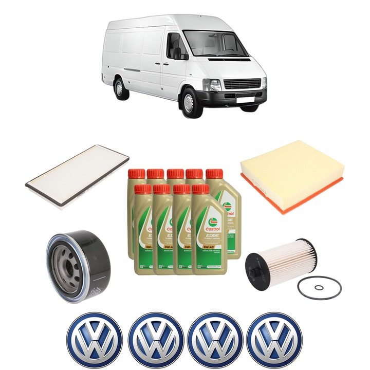Pachet filtre revizie Bosch, 9 litrii ulei Castrol 5W40 Volkswagen LT 28-46 II Van (2DA, 2DD, 2DH) 2.8 TDI din 2002-2006, 4x Stickere auto cu Volkswagen