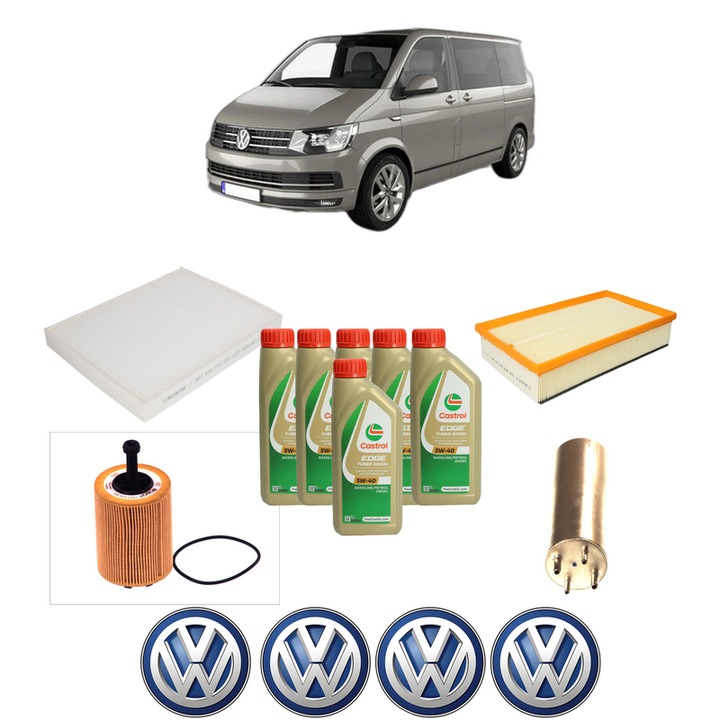 Pachet filtre revizie Bosch, 6 litrii ulei Castrol 5W40 Volkswagen TRANSPORTER T5 Bus (7HB, 7HJ, 7EB, 7EJ) 1.9 TDI din 2003-2009, 4x Stickere auto cu Volkswagen