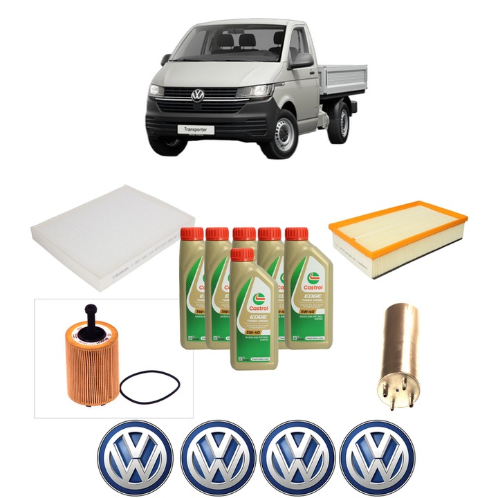 Pachet filtre revizie Bosch, 6 litrii ulei Castrol 5W40 Volkswagen TRANSPORTER T5 Platform/Chassis (7JD, 7JE, 7JL, 7JY, 7JZ, 7F 1.9 TDI din 2003-2009, 4x Stickere auto cu Volkswagen