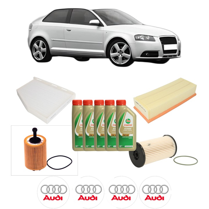 Pachet filtre revizie Bosch, 5 litrii ulei Castrol 5W40 AUDI A3 (8P1) 1.9 TDI din 2003-2010, 4x Stickere auto cu AUDI