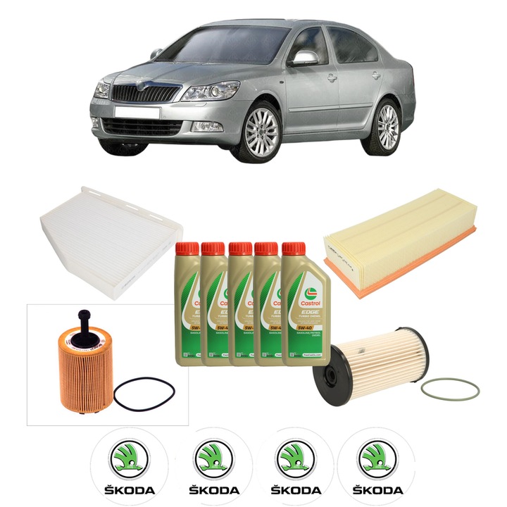 Pachet filtre revizie Bosch, 5 litri ulei Castrol 5W40 SKODA OCTAVIA II (1Z3) 2.0 TDI 16V din 2004-2013, 4x Stickere auto cu SKODA