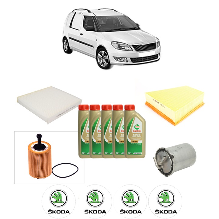 Pachet filtre revizie Bosch, 5 litrii ulei Castrol 5W40 SKODA FABIA I Praktik (6Y5) 1.4 TDI din 2005-2007, 4x Stickere auto cu SKODA