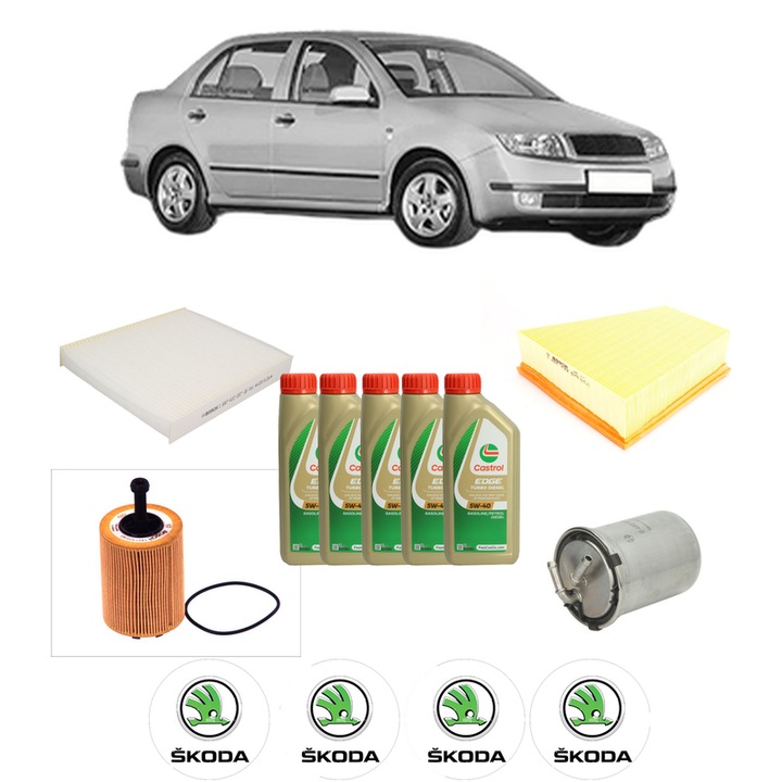 Pachet filtre revizie Bosch, 5 litrii ulei Castrol 5W40 SKODA FABIA I Saloon (6Y3) 1.4 TDI din 2005-2007, 4x Stickere auto cu SKODA