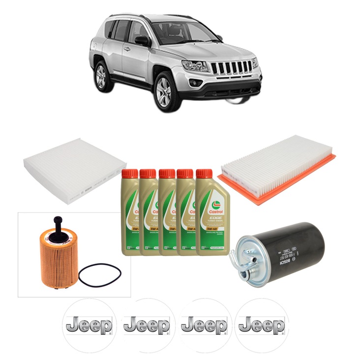 Pachet filtre revizie Bosch, 5 litrii ulei Castrol 5W40 JEEP COMPASS (MK49) 2.0 CRD din 2006, 4x Stickere auto cu JEEP