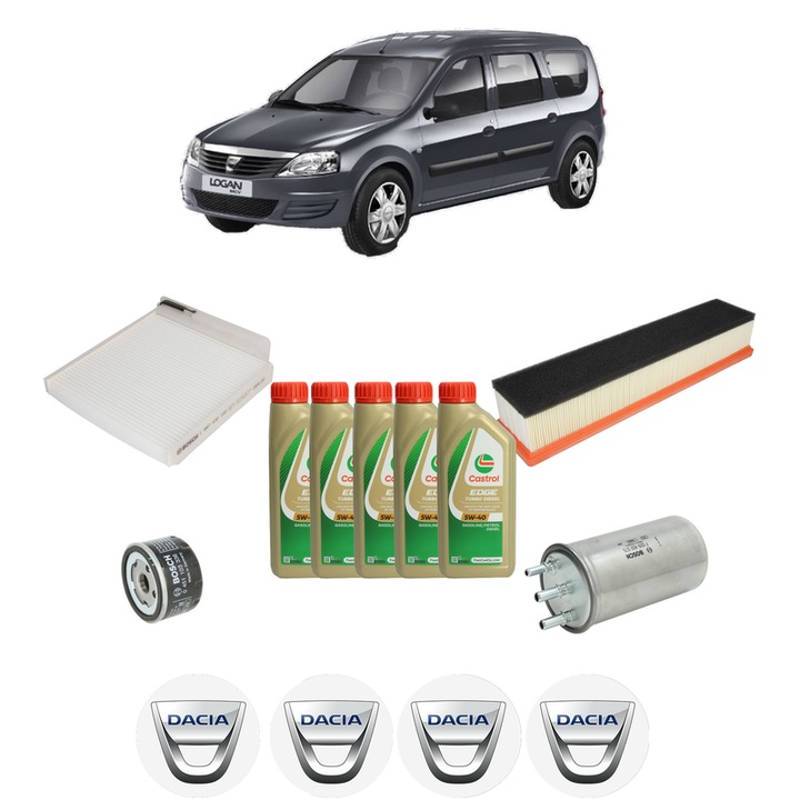 Pachet filtre revizie Bosch, 5 litrii ulei Castrol 5W40 DACIA LOGAN MCV (KS_) 1.5 dCi (KS0K) din 2007, 4x Stickere auto cu DACIA