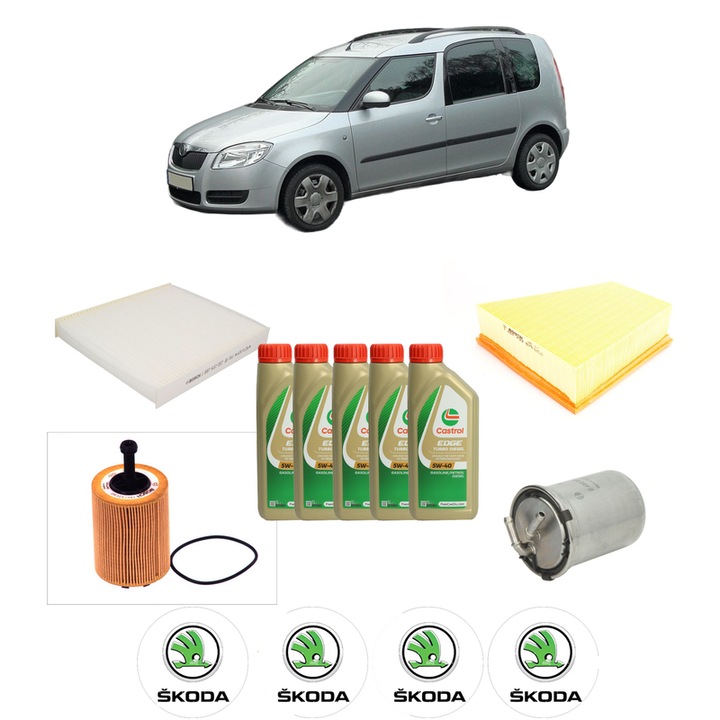 Pachet filtre revizie Bosch, 5 litrii ulei Castrol 5W40 SKODA ROOMSTER Praktik (5J) 1.4 TDI din 2007-2010, 4x Stickere auto cu SKODA
