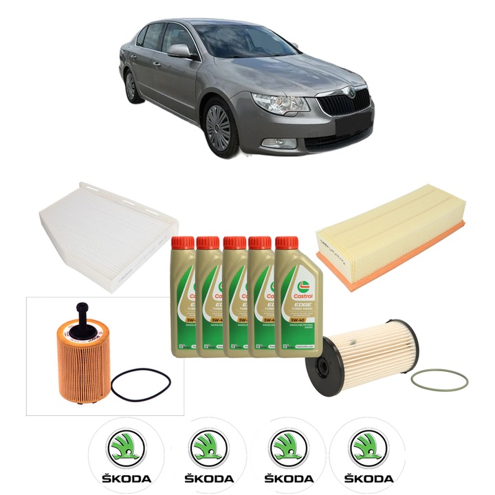 Pachet filtre revizie Bosch, 5 litrii ulei Castrol 5W40 SKODA SUPERB II (3T4) 2.0 TDI din 2008-2010, 4x Stickere auto cu SKODA
