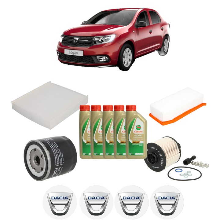 Pachet filtre revizie Bosch, 5 litrii ulei Castrol 5W40 DACIA LOGAN II 1.5 dCi / Blue dCi 75 din 2012, 4x Stickere auto cu DACIA
