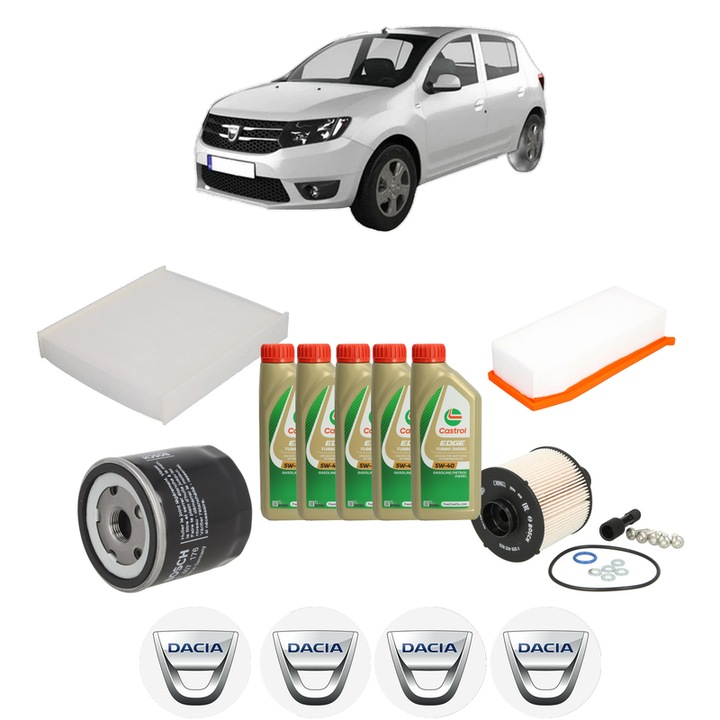 Pachet filtre revizie Bosch, 5 litrii ulei Castrol 5W40 DACIA SANDERO II 1.5 dCi din 2012, 4x Stickere auto cu DACIA