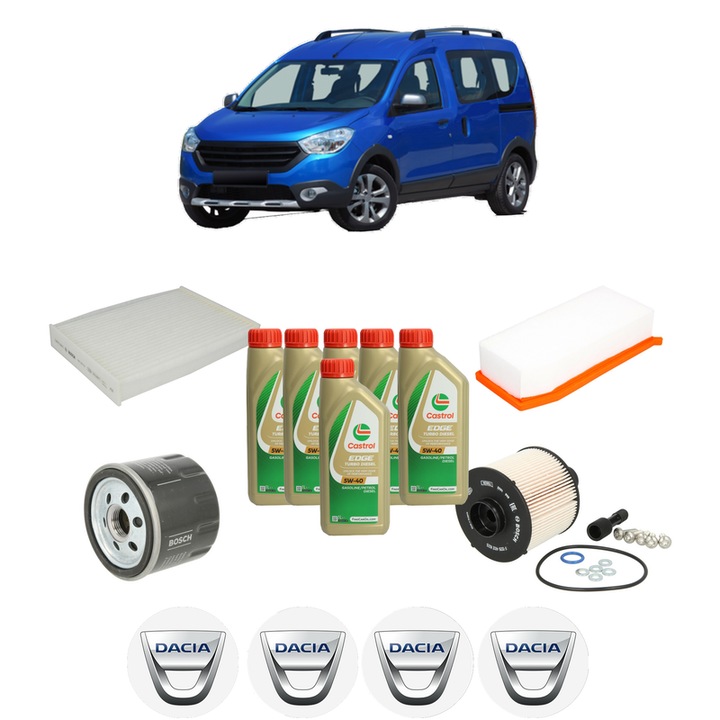 Pachet filtre revizie Bosch, 6 litrii ulei Castrol 5W40 DACIA DOKKER MPV (KE_) 1.5 dCi (KEMW) din 2012-2021, 4x Stickere auto cu DACIA