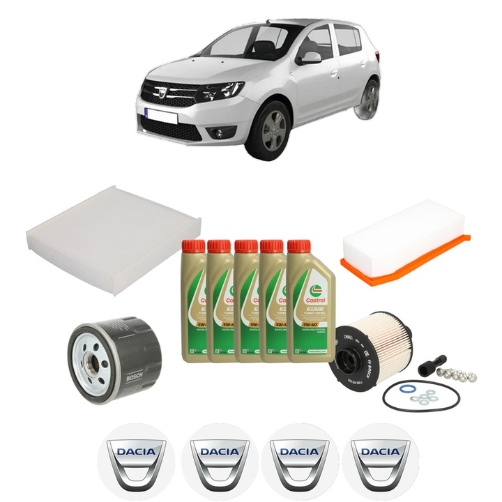 Pachet filtre revizie Bosch, 5 litrii ulei Castrol 5W40 DACIA SANDERO II 1.5 dCi din 2013, 4x Stickere auto cu DACIA