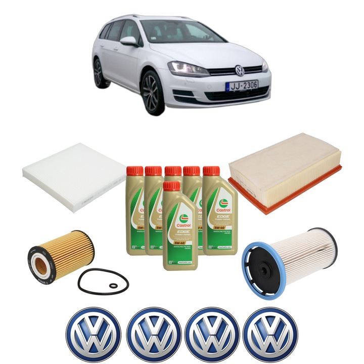 Pachet filtre revizie Bosch, 6 litrii ulei Castrol 5W40 Volkswagen GOLF VII Variant (BA5, BV5) 2.0 TDI din 2013-2020, 4x Stickere auto cu Volkswagen