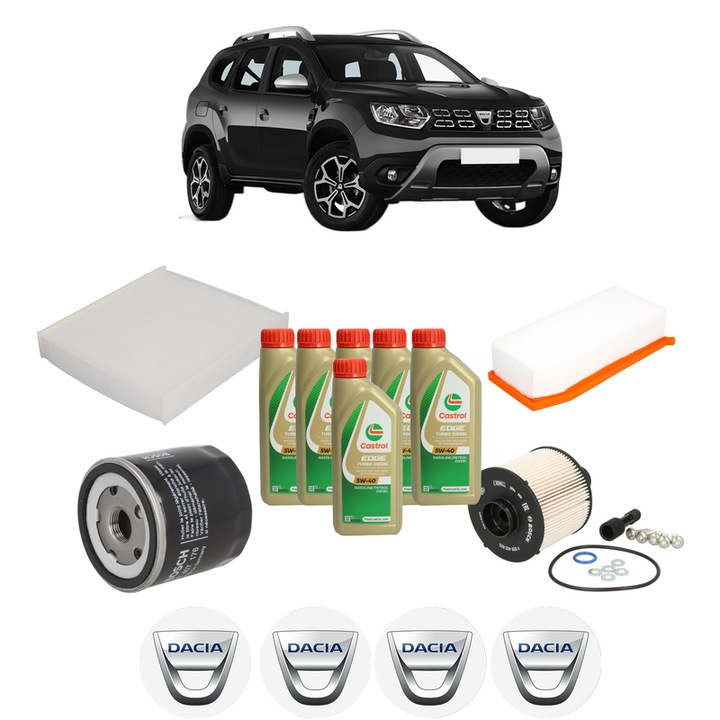 Pachet filtre revizie Bosch, 6 litrii ulei Castrol 5W40 DACIA DUSTER (HM_) 1.5 dCi 110 (HMAB) din 2017, 4x Stickere auto cu DACIA