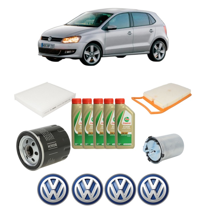 Pachet filtre revizie Bosch, 5 litrii ulei Castrol 5W40 Volkswagen POLO Van V (6R1, 6C1) 1.4 TDI din 2014-2017, 4x Stickere auto cu Volkswagen