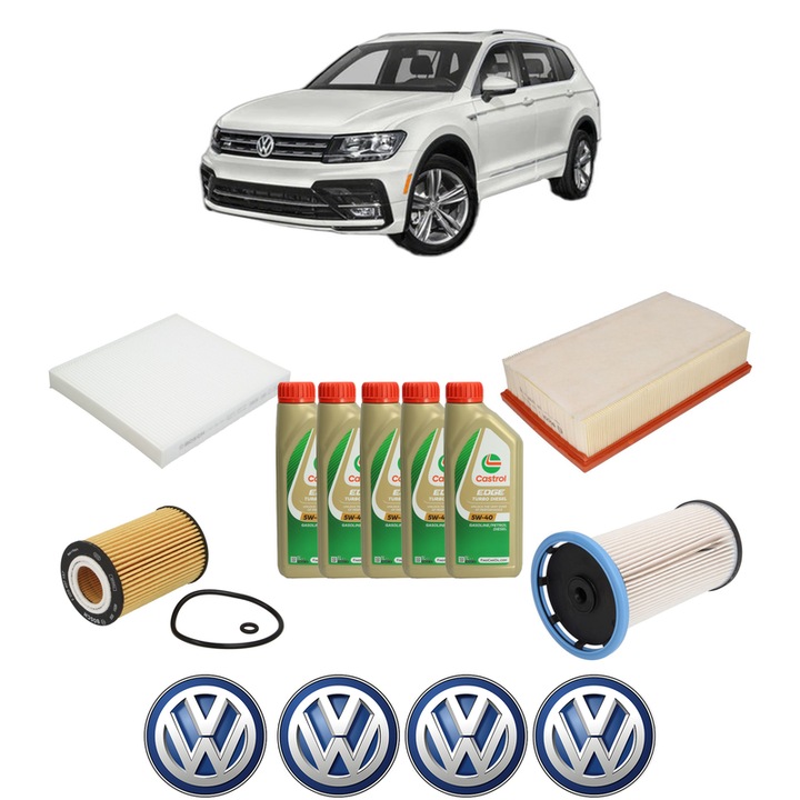 Pachet filtre revizie Bosch, 5 litrii ulei Castrol 5W40 Volkswagen TIGUAN (AD1, AX1) 2.0 TDI 4motion din 2016-2020, 4x Stickere auto cu Volkswagen